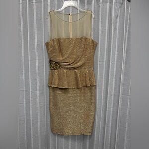 David Meister Gold Metallic Illusion Neck Peplum Sheath‎ Party Dress Size 10 EUC